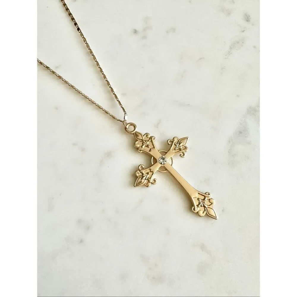 Gold color rhinestone cross pendant necklace
